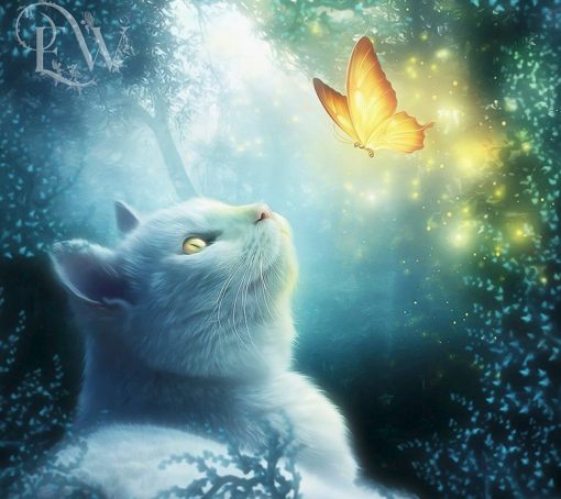 White cat and butterfly fantasy portrait art print in blue by EnchantedWhispersArt