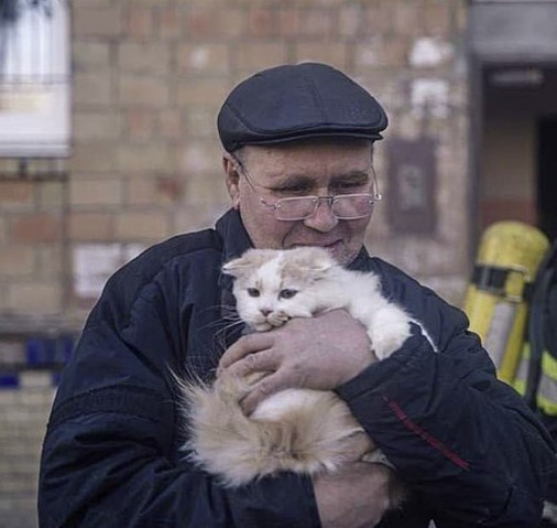 Ukrainian men and women hold on to their cats amid chaos and destruction.